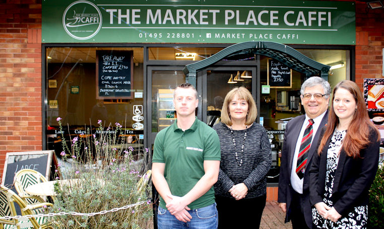 Picture L-R Business Owner Nick Davies, Sharon Owen CCBC Project Officer, Cabinet Member Cllr. Ken James and Claire Vokes Local Investment Fund Monitoring Officer